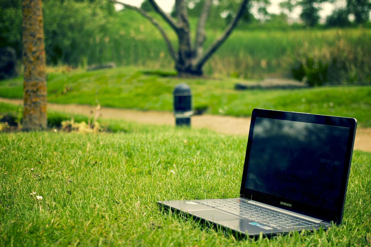 Laptop auf einer grünen Wiese